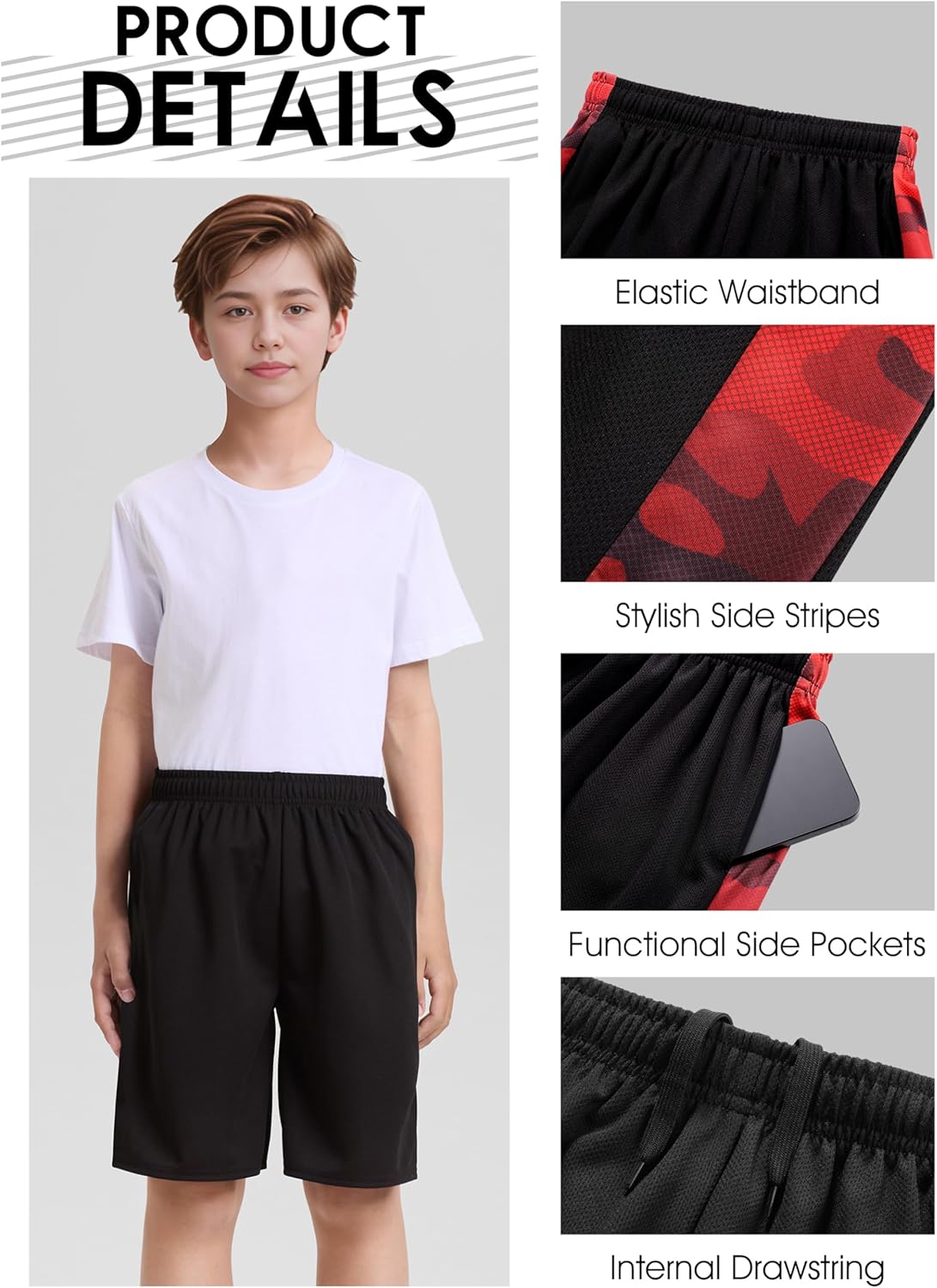 Resinta 5 Pack Boys Athletic Shorts Youth Kids Active Gym Basketball Shorts Soccer Quick Dry with Pockets Elastic Waist - Image 3