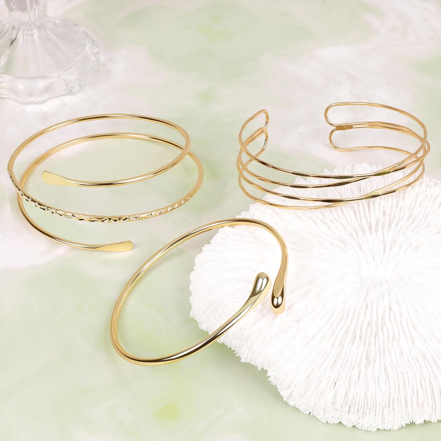 3Pcs Arm Cuff for Women Boho Coil Arm Cuff Bangle Set Adjustable Minimalist Gold Coil Upper Arm Bracelet - Image 2