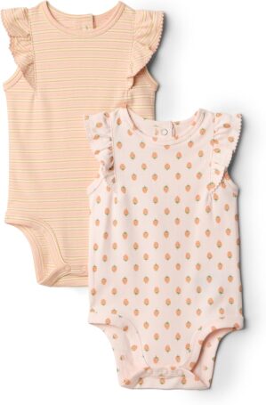 Amazon Essentials x Sofia Grainge Baby Girls' Embroidered Ruffle Bodysuit, Pack of 2