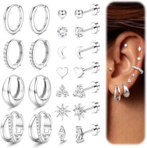 Dochais 14K Gold Plated Surgical Steel Earrings for Sensitive Ears 20G Flat Back Earrings Small Hoop for Women Trendy Dainty Cartilage Stacks Flatback Stud for Helix Multiple Piercing Jewelry