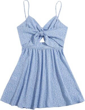 Floerns Women's Boho Floral Print Twist Front Cami A Line Mini Dress