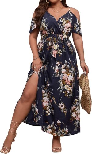 Floerns Women's Plus Size Cold Shoulder Short Sleeve Split Thigh Long Dress