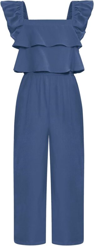 GRACE KARIN Girls Floral Jumpsuit Flutter Sleeve Square Neck Wide Leg Rompers