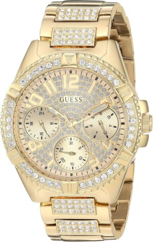 GUESS Gold-Tone Stainless Steel Crystal Watch with Day, Date + 24 Hour Military/Int'l Time. Color: Gold-Tone (Model: U1156L2)