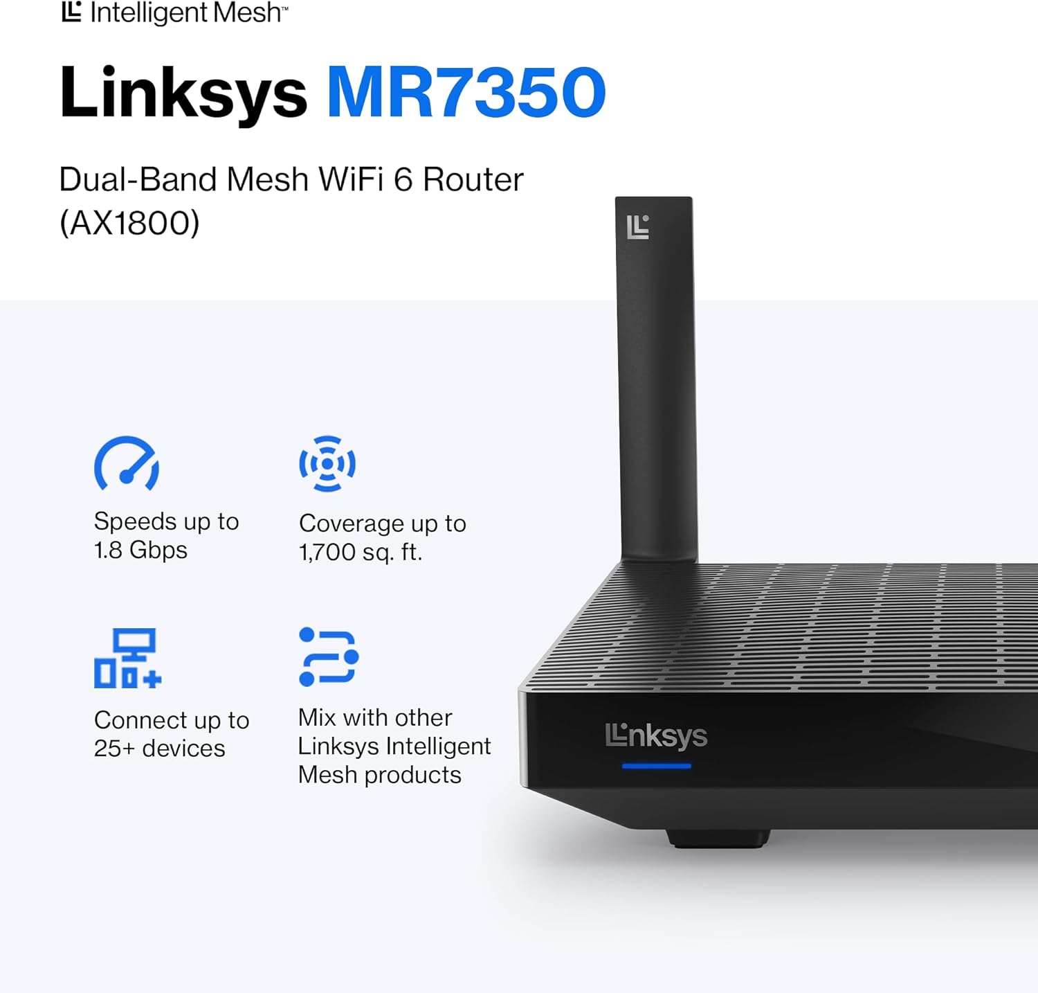 Linksys Mesh Wifi 6 Router, Dual-Band, 1,700 Sq. ft Coverage, 25+ Devices, Speeds up to (AX1800) 1.8Gbps - MR7350 - Image 2
