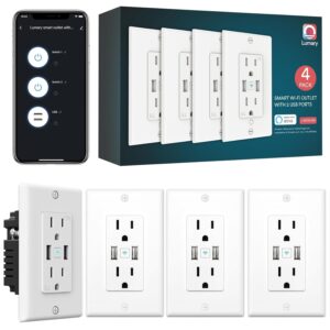 Lumary Smart Outlet with USB, Standard Electrical Outlets in Wall Work with Alexa Google Home 15 Amp ETL FCC, 2.4G WiFi Home Office, 4 Pack