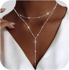 Luxval Lariat Silver Necklace for Women, Dainty Long Necklace Silver Y-Shaped Pendant Necklaces Trendy Beaded Chain Drop Necklaces Jewelry for Women Gifts
