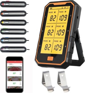 Meat Thermometer, Bluetooth Meat Thermometer for Grilling Digital BBQ Cooking with 6 Probes, APP/Timer/Alarm Monitor Food Thermometers for Smoker Barbecue Oven Kitchen Turkey