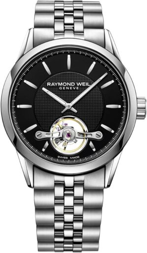 RAYMOND WEIL Freelancer Men's Automatic Watch, Calibre RW1212, Black Dial with Silver Indexes, Visible Balance Wheel, Stainless Steel Bracelet, 42.5 mm (Model: 2780-ST-20001)