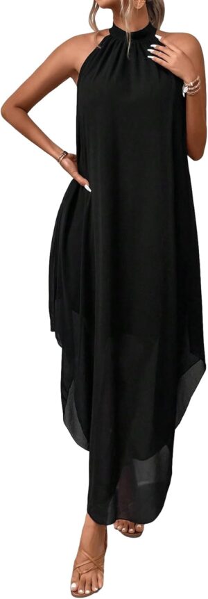 Verdusa Women's Flowy Halter Neck Sleeveless Asymmetrical Maxi Long Dresses Summer Formal Wedding Guest Dress