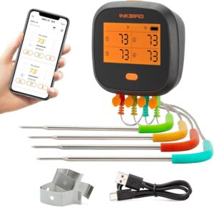 Wireless Meat Thermometer, INKBIRD WiFi Meat Thermometer Digital, WiFi Unlimited Rang with APP Calibration Temp Graph, Mobile Notification Alarm, Rechargeable BBQ Grill Thermometer, 4 Colorful Probes