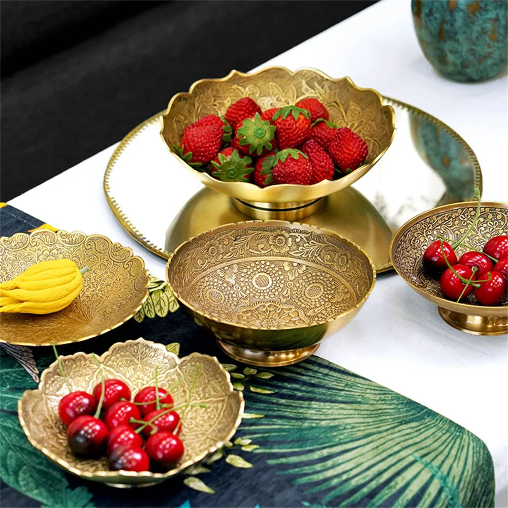 Brass Jewelry Tray Earrings Necklaces Trinket Watch Key Display Stand Veggie Fruit Snacks Organizer Tray Round Home Party Decor