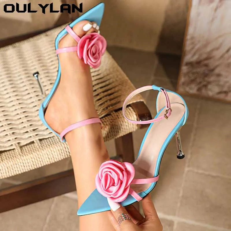 OUlylan summer shoes with pink flowers 2025 Party Sexy open toe, back strap, High heels women Sandals with zip