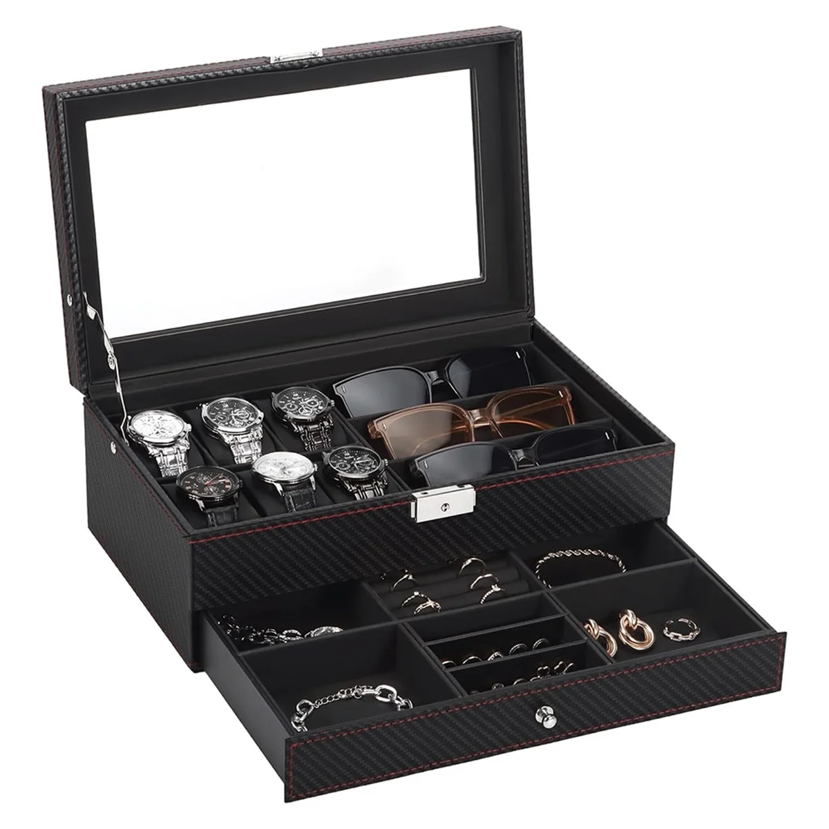 T35C Watch Box, Mens Jewelry Box with 6 Slot Watch Case & 3 Slot Sunglasses Organizer, 2 Layers Lockable Watch Holder