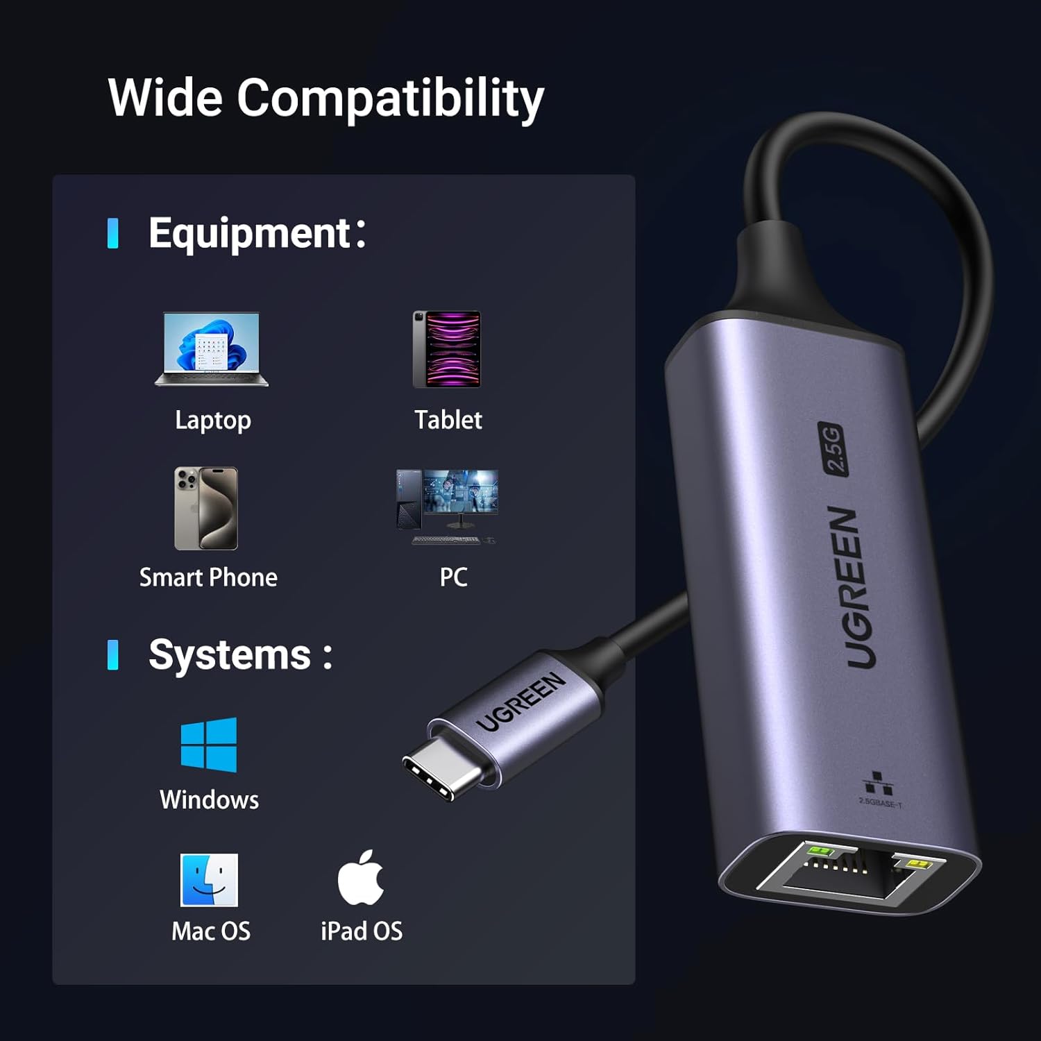 UGREEN USB C to Ethernet Adapter 2.5G, Ethernet Adapter for Laptop, Aluminum, Type C (Thunderbolt 4/3 Compatible) to RJ45 Network Internet, Compatible for NAS, MacBook Air/Pro, XPS, iPhone 15 Pro/Max - Image 6