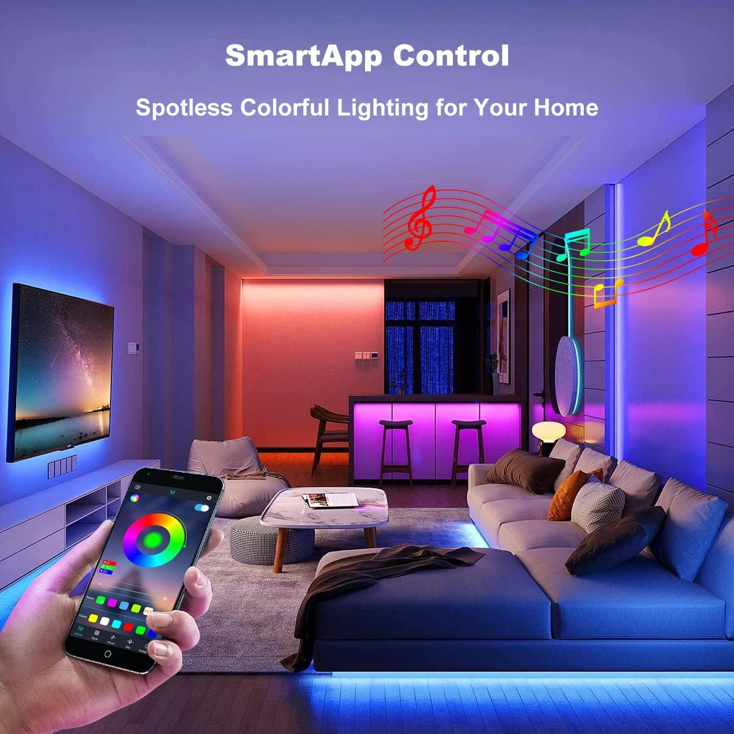 PHOPOLLO Bluetooth Led Strip Lights 100ft (2 Rolls of 50ft), RGB Color Changing LED Lights for Bedroom, Kitchen Decoration, App Control and Music Sync. - Image 4