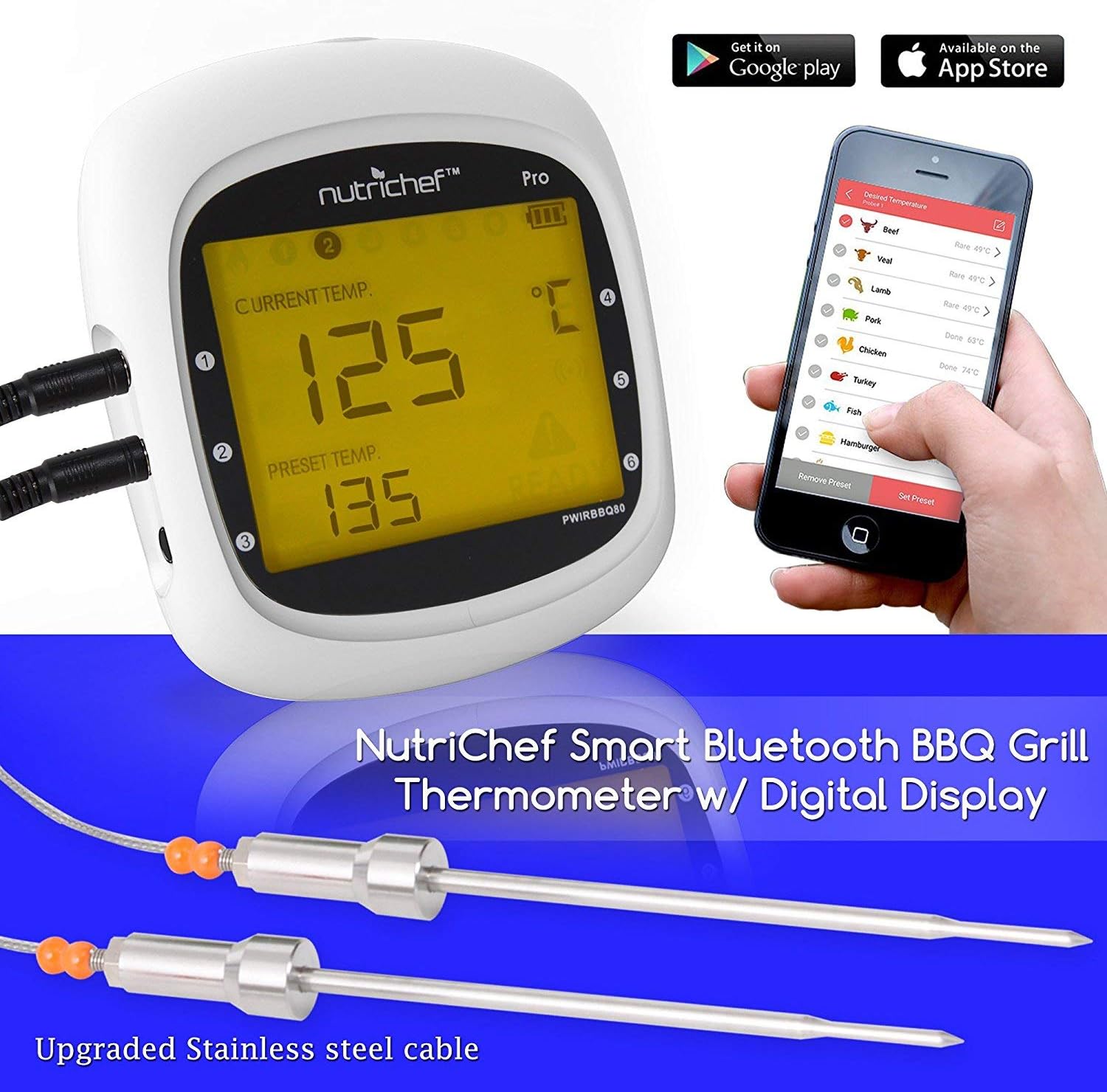 NutriChef Wireless Bluetooth BBQ Digital Thermometer - Upgraded Stainless Smart Dual Grill Probes w/ Remote Alert, Safe to Use in Outdoor Barbecue Meat Smoker, Works w/ iOS Android Phone - NutriChef - Image 3