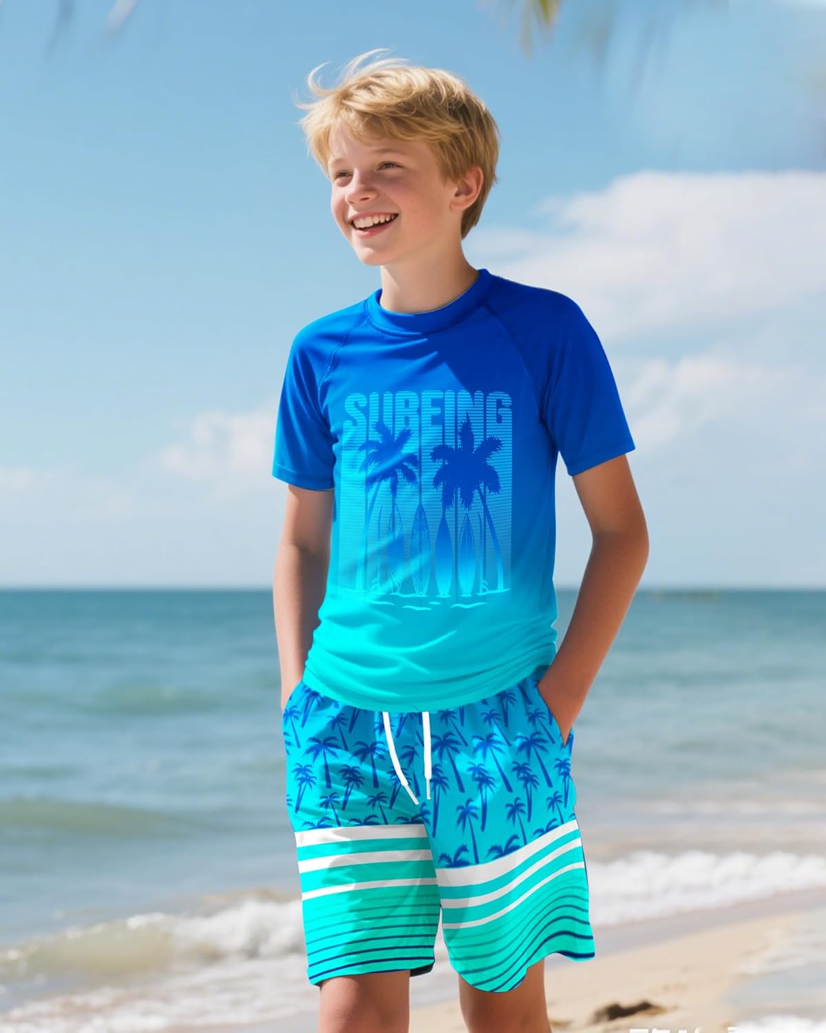 Boys Two Piece Rash Guard and Swim Trunks Outfit Set Kids Short Sleeve Swimsuit - Image 2
