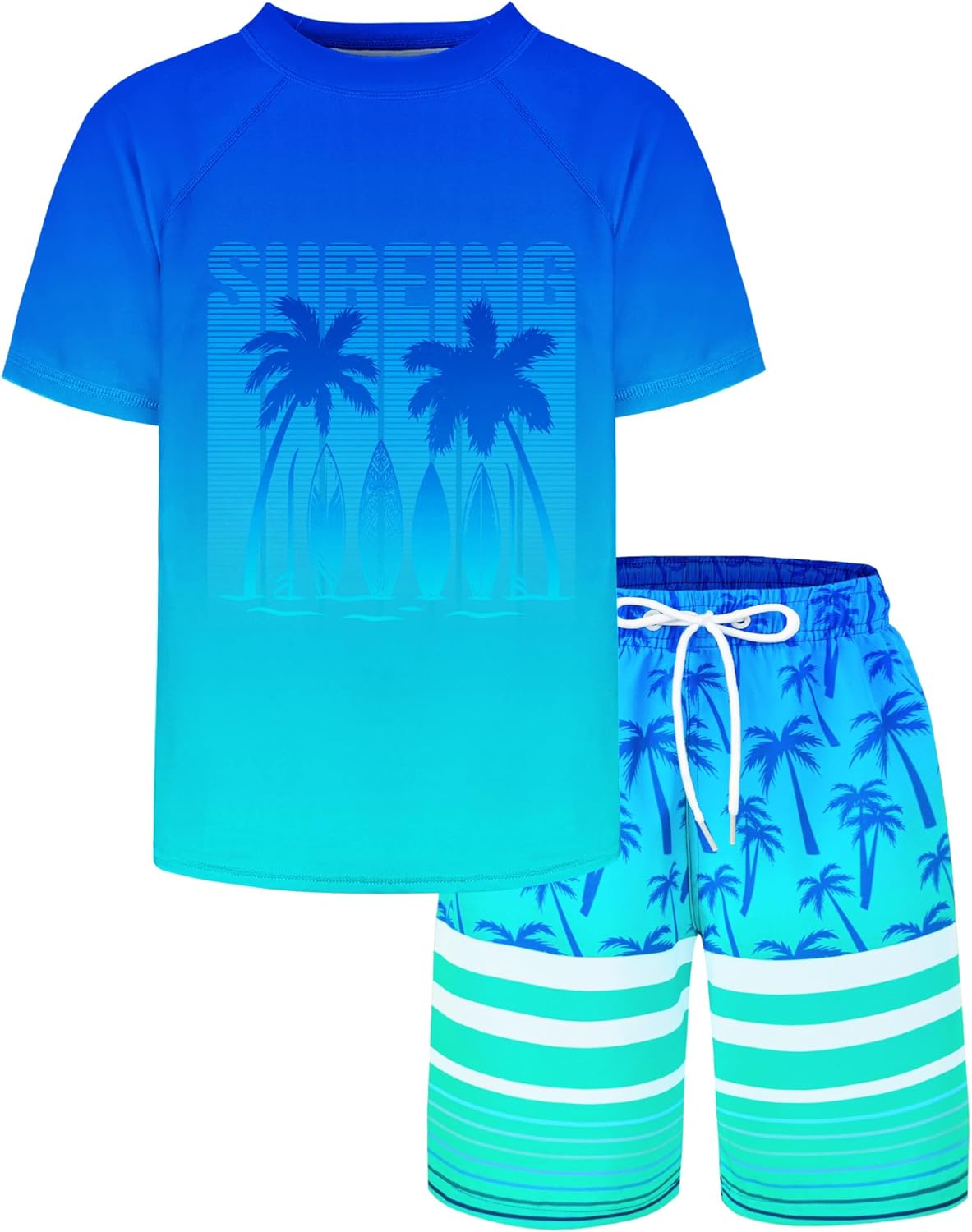 Boys Two Piece Rash Guard and Swim Trunks Outfit Set Kids Short Sleeve Swimsuit