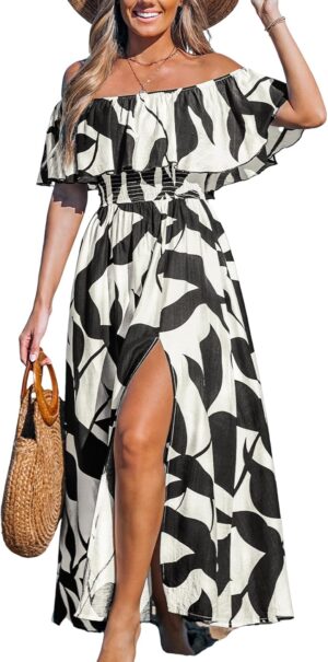 CUPSHE Women Ruffle Floral Maxi Summer Dress Off Shoulder Short Sleeve Backless Flounce Bodice Slit Hem Beach Dresses