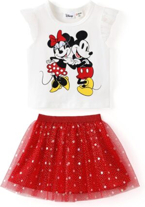 Disney Frozen Toddler Girl Outfits 2 Piece Skirt Set Ruffle T-Shirt and Tutu Skirts Outfit Girls Casual Summer Dress