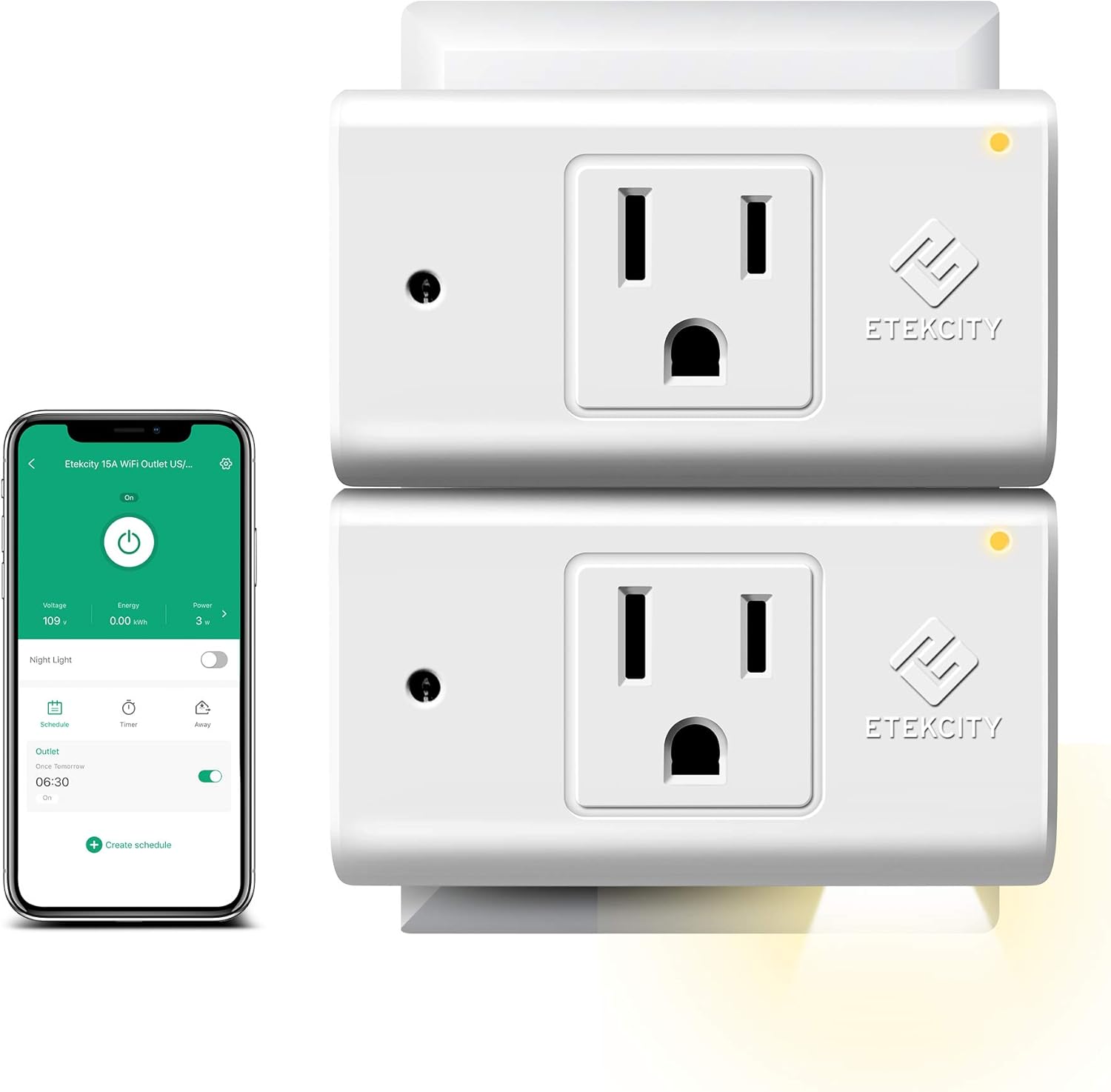 Etekcity ESW15 WiFi Energy Monitoring Smart Plug, Works with Alexa and Google Home, Compact Size, 15 Amp, White, 2 Pack