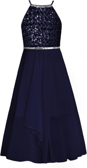 GRACE KARIN Flower Girls Chiffon Dresses A-Line Halter Junior Bridesmaid Girl Flowy Sequin Dresses Wedding Party Pageant Gown
