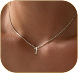 Gold Cross Necklace for Women, Trendy 14K Gold Plated Charm Box Chain Choker Dainty, Christian Religious Faith Small Cross Pendant Necklace Non Tarnish