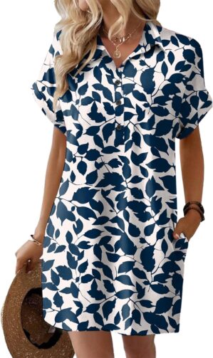HOTOUCH Womens Summer Shirt Dress Short Sleeve Floral Shift Dresses Casual Loose Flowy Beach Sundress with Pockets