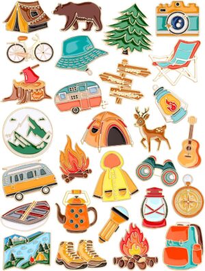 JUNEBRUSHS 28 pcs Camping Enamel Funny Outdoors Adventure Brooch Pins Lapel Pins for Camping Adventure Birthday Party Decorations Gift Supplies Clothes Backpacks Decor Accessories