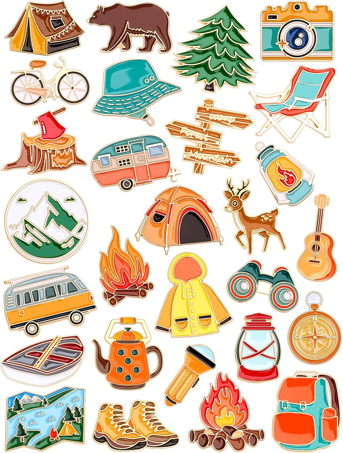 JUNEBRUSHS 28 pcs Camping Enamel Funny Outdoors Adventure Brooch Pins Lapel Pins for Camping Adventure Birthday Party Decorations Gift Supplies Clothes Backpacks Decor Accessories