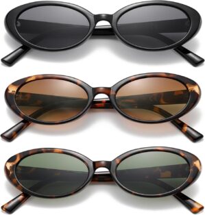 MASDUN Oval Sunglasses for Women Men Fashion Small Oval Sun glasses 90s Vintage Shades (3 Pack)