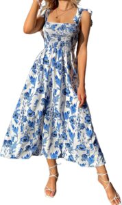 MakeMeChic Women’s Summer Floral Dresses 2025 Beach Vacation Casual Blue and White Long Maxi Sundresses