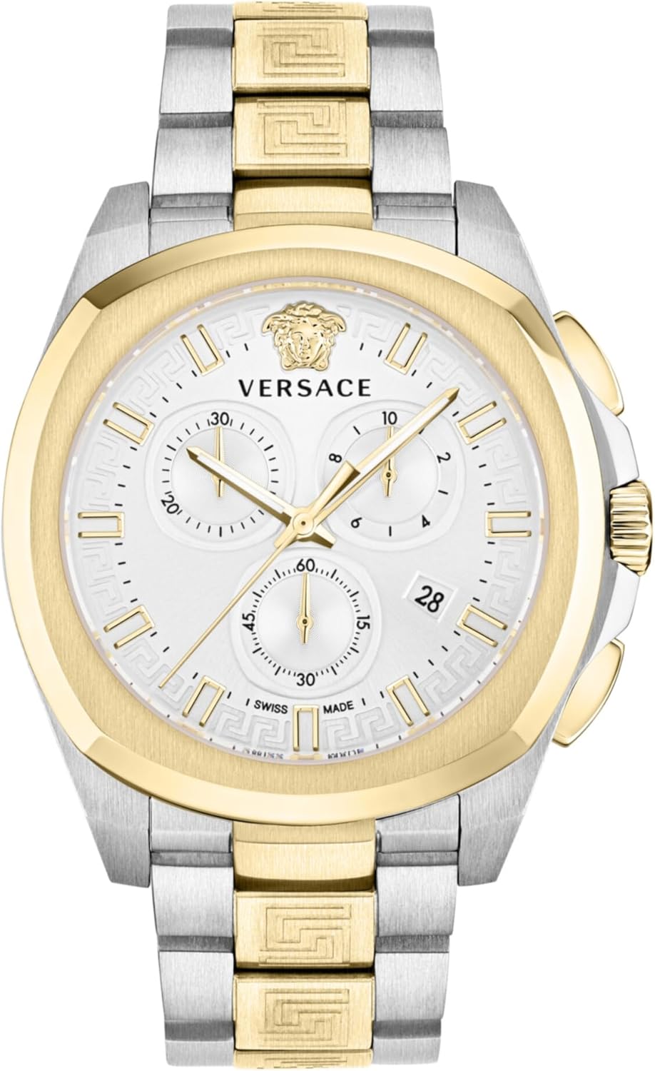 Versace Geo Chrono Collection Luxury Mens Watch Timepieces with a Two Tone Bracelet and Case Featuring a Silver Dial