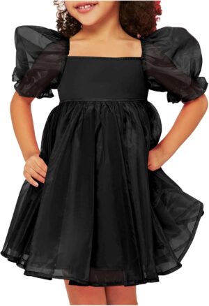 WDIRARA Toddler Girl's Mesh Tulle Dress Square Neck Puff Short Sleeve Ruffle Hem Birthday Party Cute A Line Midi Dress