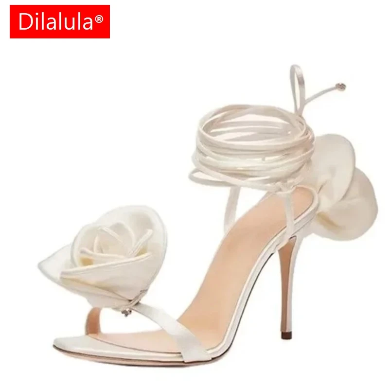 Dilalula 2025 New Silk Rose Decoration Ankle Wrap Thin High Heels Women Party Sandals Ladies Wedding Banquet Summer Sandals