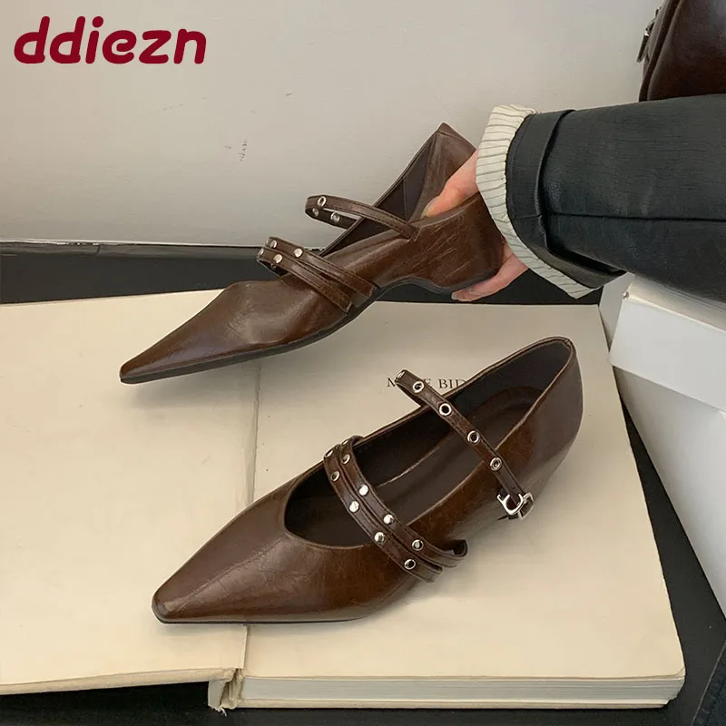 Fashion Buckle Strap Footwear Low Heel Ladies Mary Janes Shoes Shallow Female Pointed Toe Women Pumps Heeled Shoes