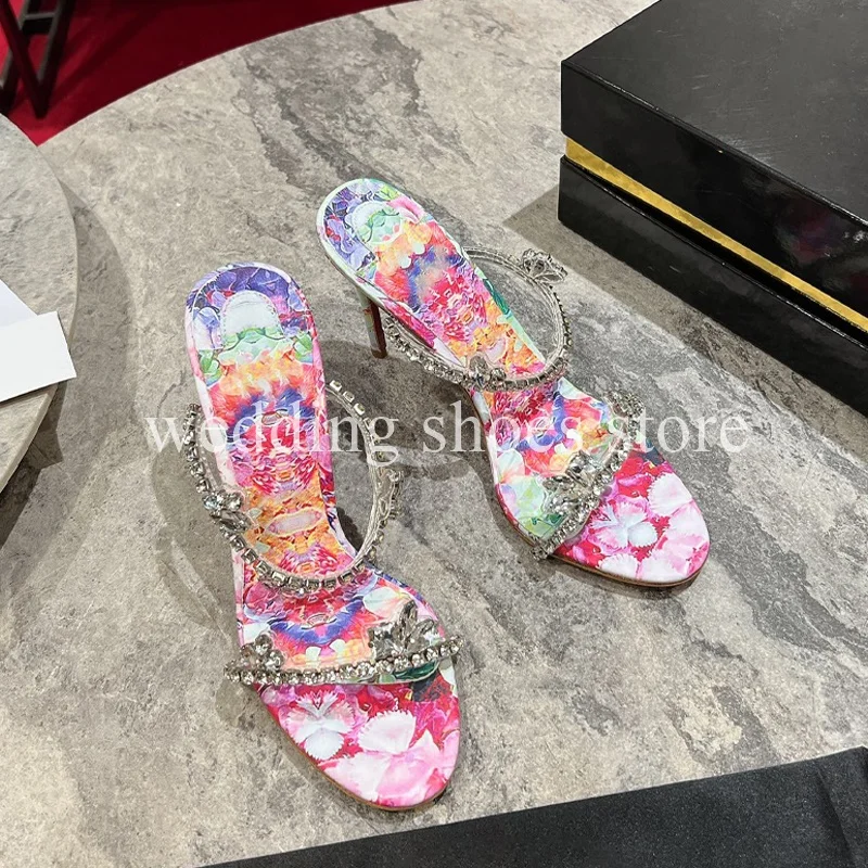 Flat Slippers Fashion Colourful Flowers Printed Crystal High-heeled Slippers Sexy Women Summer Wedding Party Sandals 8.5cm