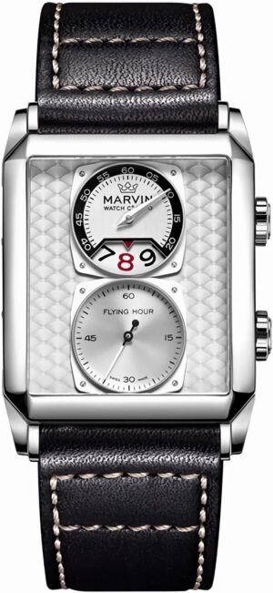 marvin Watches for Men Swiss Mens Watch in Stainless Steel with Leather Strap and Rectangular Sapphire Glass Dial, Quartz Movement, 50M Waterproof