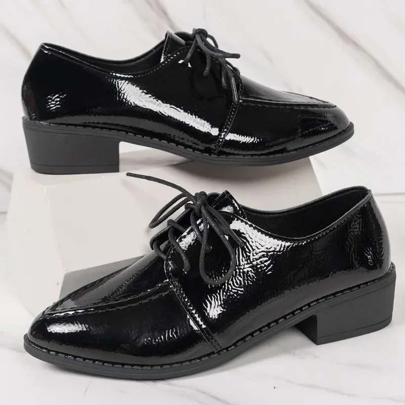 Women Black Patent Leather Oxfords Square Toe Lace Up Low Block Heel Shoes Formal Casual Office Daily Wear Stylish Footwear