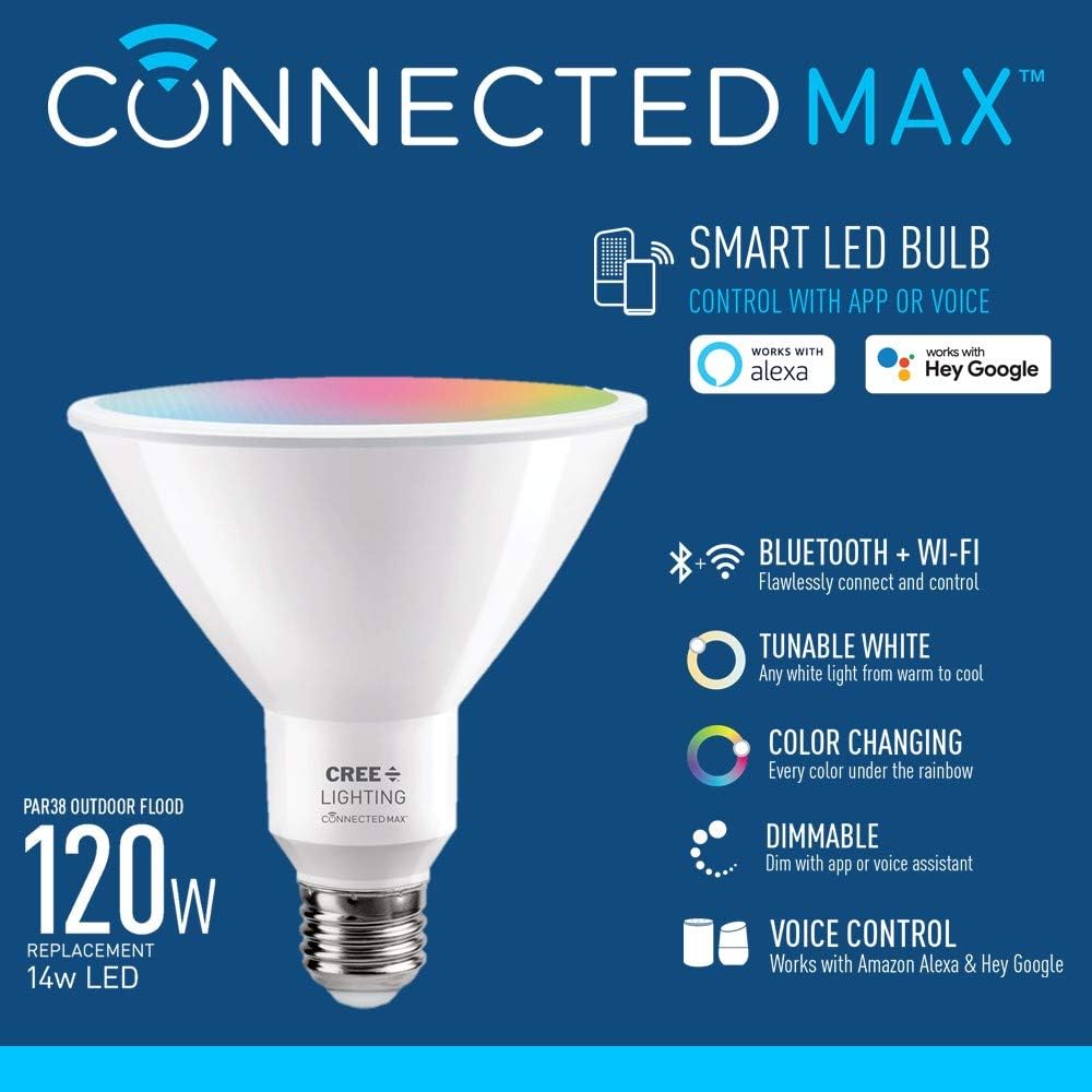 Cree Lighting Connected Max Smart Led Bulb Par38 Outdoor Flood Tunable White + Color Changing, 2.4 Ghz, Works with Alexa and Google Home, No Hub Required, Bluetooth + WiFi, 1Pk - Image 3