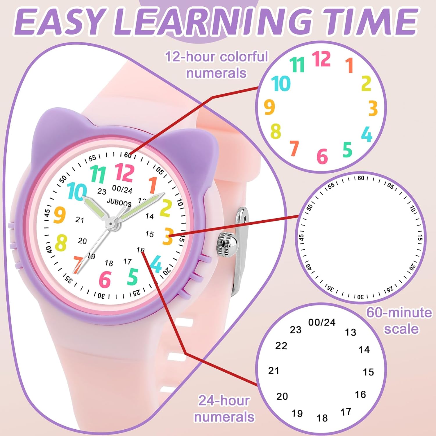 Juboos Kids Watch Analog for Boys Girls Toddler, 3ATM Waterproof Cat Wirstwatch Learning Time and Easy to Read - Image 3