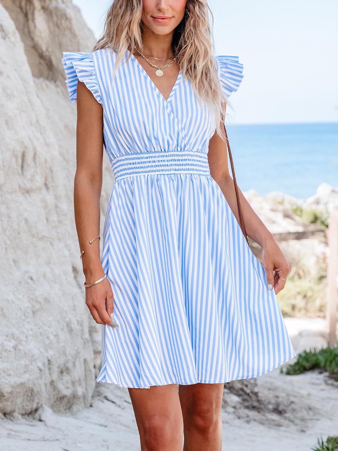 CUPSHE Women's Mini Dress V Neck Flutter Sleeve Striped Smocked Waist A Line Short Summer Cocktail Dress - Image 6