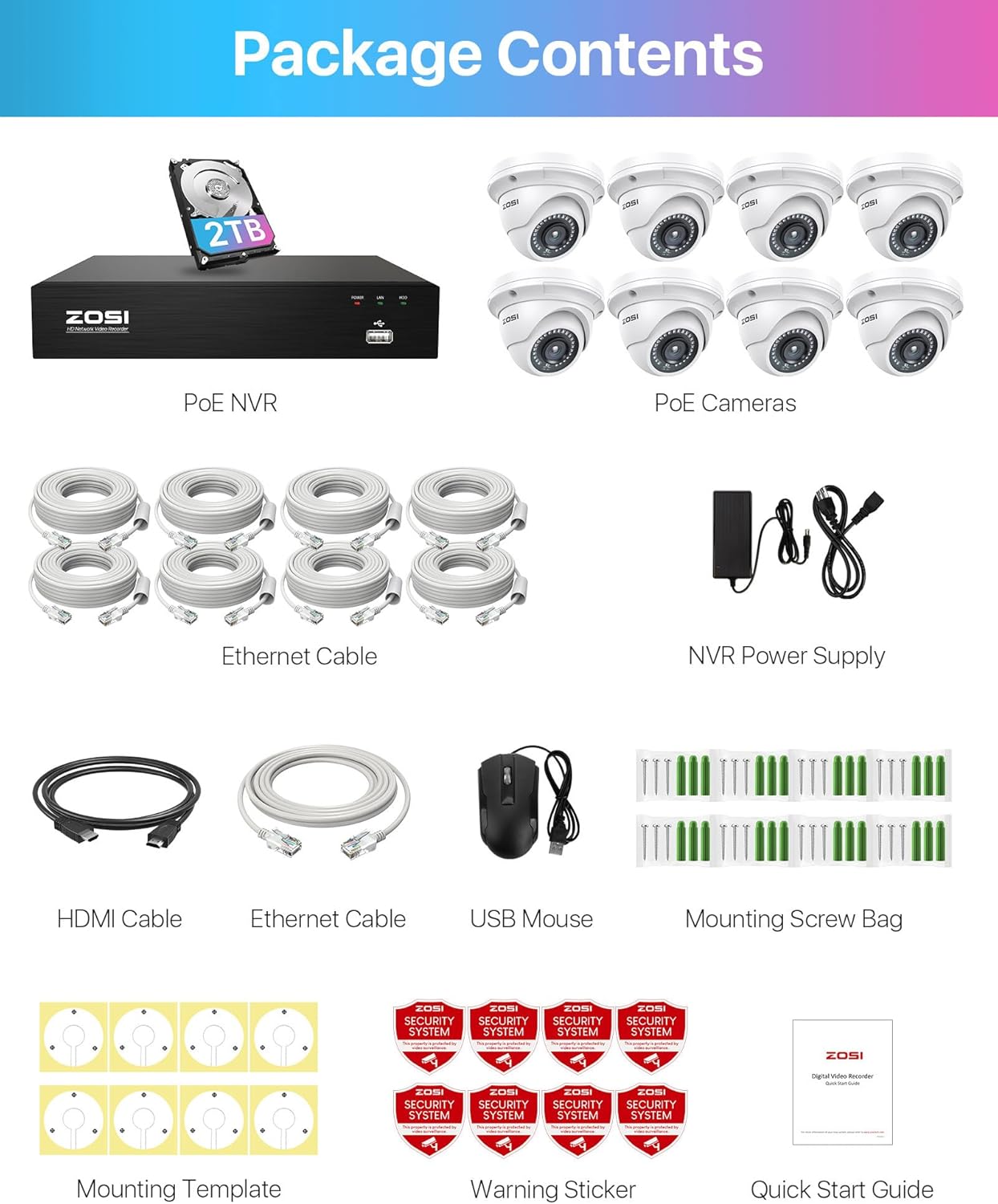 ZOSI 4K PoE Security Camera System with 2TB Hard Drive, 8 Ports 16CH 8MP NVR Recorder, 8pcs 3K 5MP Outdoor Indoor Home PoE Dome Cameras, Night Vision, Motion Alert, Remote Access, for 24/7 Recording - Image 9