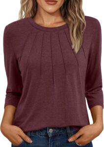 AUTOMET Womens 3/4 Length Sleeve Tops Round Neck Pleated Dressy Casual Basic Shirts Tunic