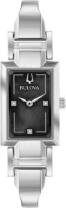 Bulova Ladies’ Classic Diamond Dial Quartz Stainless Steel Watch, Rectangle, Mother-of-Pearl