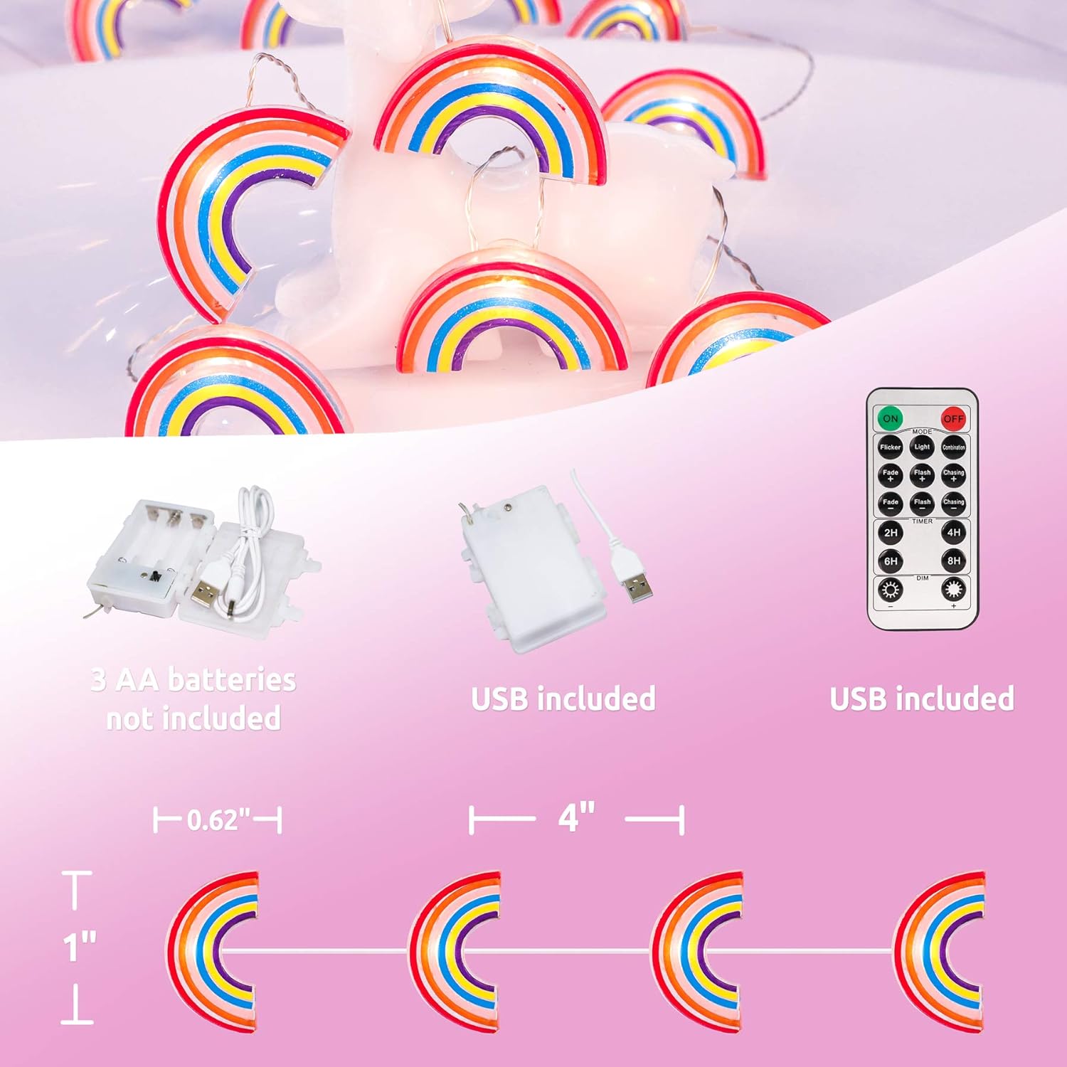 Fairy String Lights 10FT 30LEDs Rainbow Theme Battery or USB Operated with Remote Summer Boho Pink Hanging Lights for Patio Garden Home Party Wedding Classroom Girl Room Decorations - Image 2