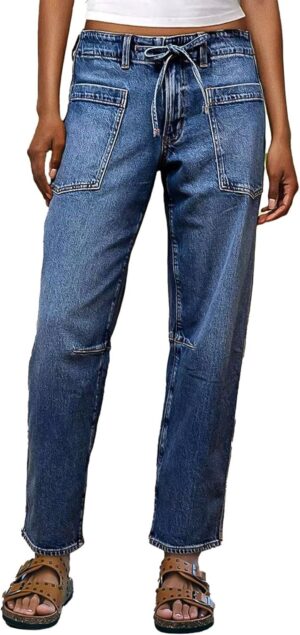 Flamingals Women’s Chic Stylish Mid Waist Wash Drawstring Stitch Detail Carrot Jeans