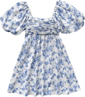 Floerns Women's Floral Dress Puff Sleeve Dress Square Neck Summer Vacation Picnic Mini Dresses