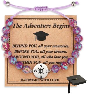 Graduation Gifts for Her/Him Inspirational Compass Bracelet Adjustable Bracelets for Women/Men Natural Stone Bead Bracelets with Card and Unique Graduation Cap Box for 2025 Graduation Gifts